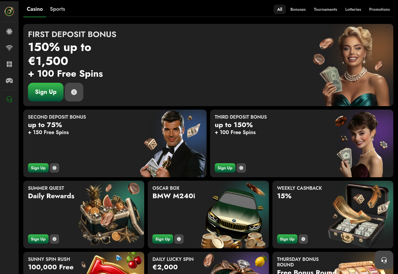 OscarSpin promotions page showing the three deposit bonuses, 15% weekly cashback and the BMW prize draw
