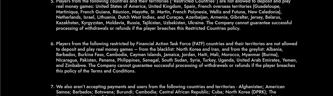 OscarSpin terms and conditions listing the United Arab Emirates among countries not allowed to deposit and play real money games