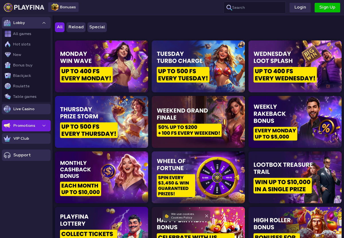 Playfina promotions with a bonus for every weekday, weekly rakeback to 5,000 dollars and monthly cashback to 10,000 dollars.