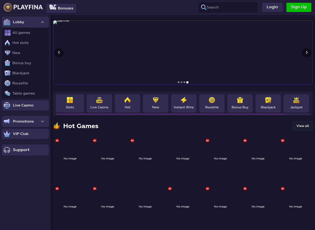 Playfina lobby served to a United Arab Emirates connection under the Arabic-EN label, entirely in English and with no sportsbook.