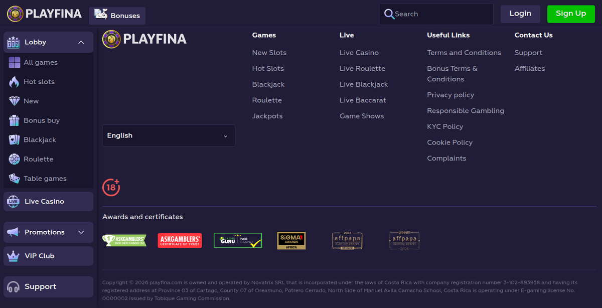الموقع playfina.com مفتوحاً من اتّصالٍ إماراتيّ: مُنتقي اللغة يقول «English»، أي أنّ النسخة المُسمّاة عربيّة لا تُقدَّم للزائر الإماراتيّ أصلاً.