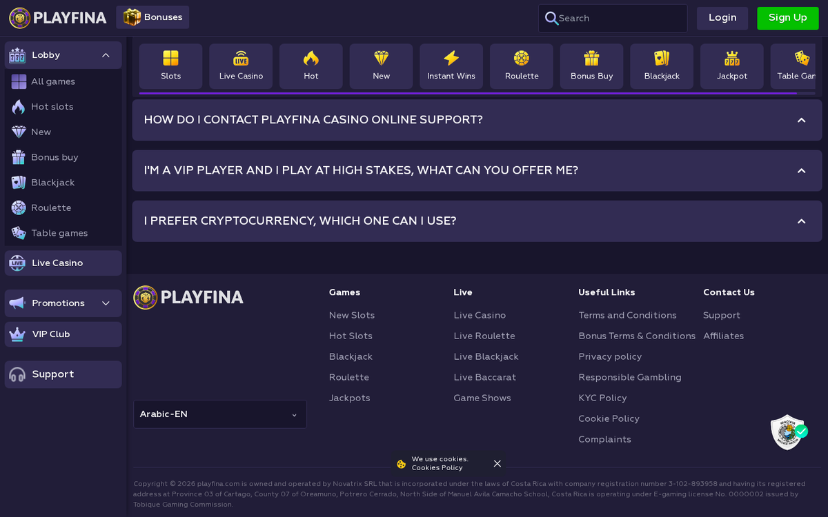 Playfina footer naming Novatrix SRL of Costa Rica and e-gaming licence 0000002 from the Tobique Gaming Commission, beside a language selector reading Arabic-EN.