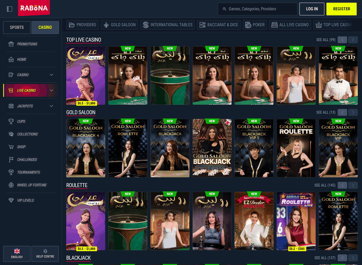 Rabona live casino lobby with Gold Saloon, Roulette and Blackjack tables, viewed from the UAE in 2026