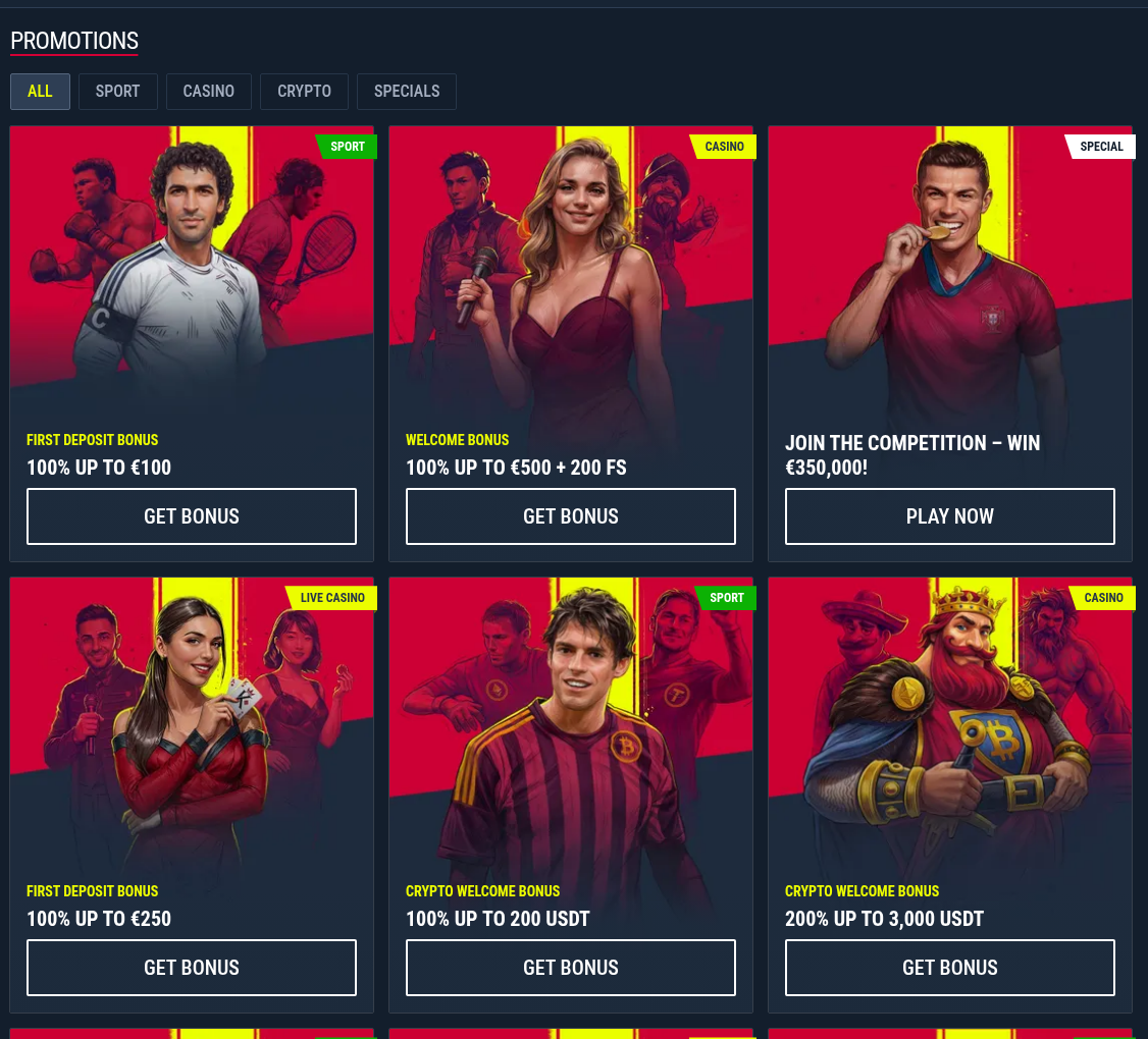 Rabona promotions page listing the sport, casino and crypto welcome bonuses