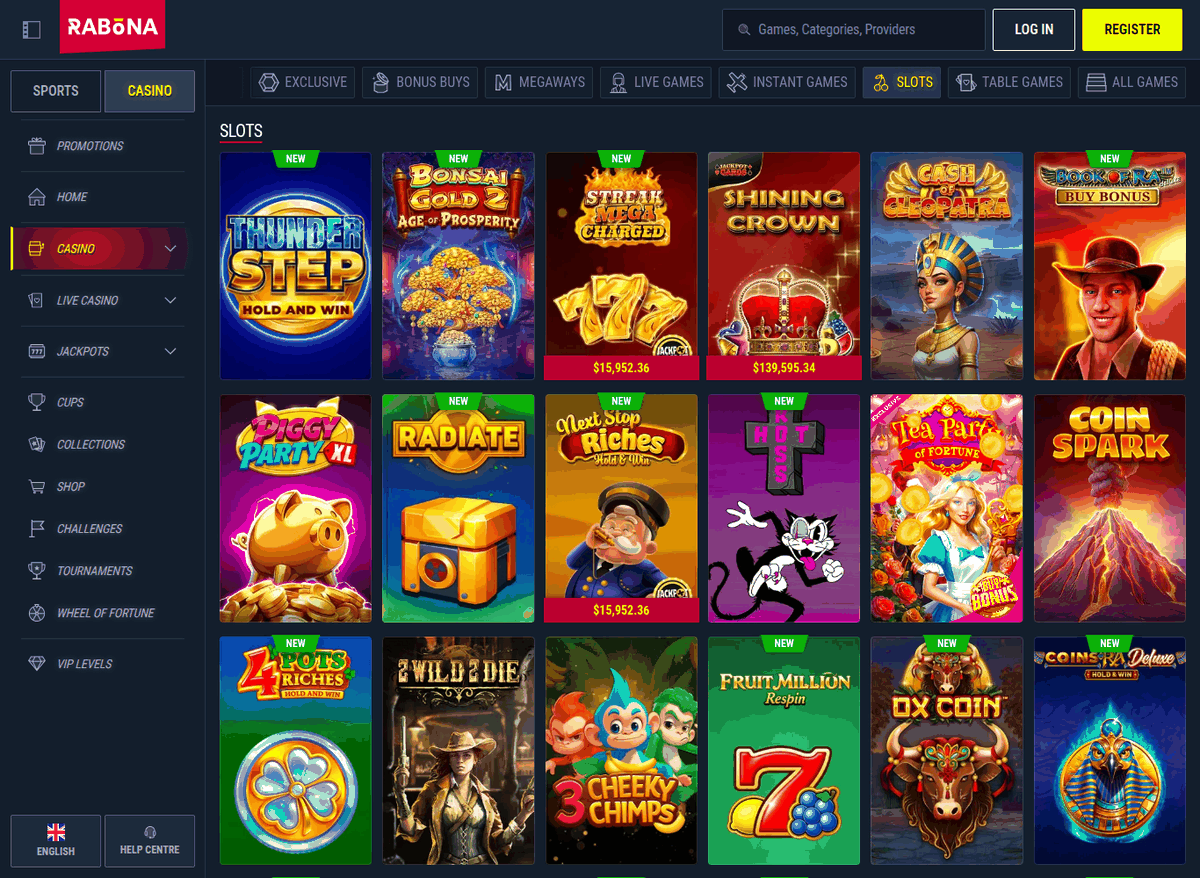Rabona slots lobby showing Megaways, Bonus Buys and Exclusive categories, viewed from the UAE in 2026