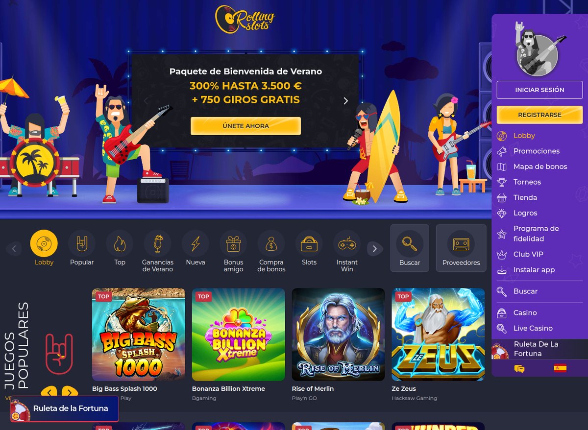 صفحة rollingslots.com/es من الاتصال الإماراتي نفسه وفي الدقيقة نفسها: الواجهة إسبانية بالكامل — «Paquete de Bienvenida de Verano» و«300% HASTA 3.500 € + 750 GIROS GRATIS» — وهو ما يثبت أن الترجمة تعمل في لغات أخرى ولم تُنجز للعربية