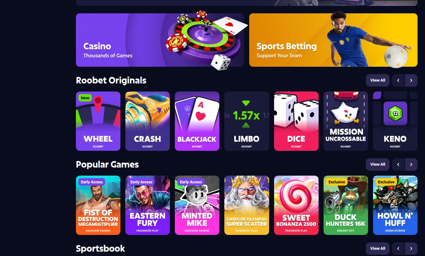 Roobet games lobby with Roobet Originals and popular slots