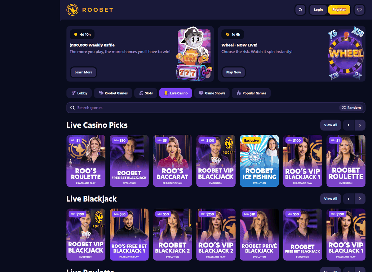 Roobet live casino lobby with Roobet-branded Evolution tables including Roobet Roulette and Roo’s VIP Blackjack, viewed from the UAE in 2026