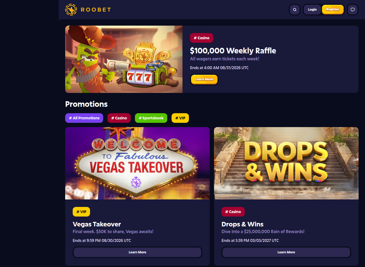 صفحة عروض روبيت في 28 أغسطس 2026: السحب الأسبوعي بـ100,000 دولار وحملة Vegas Takeover وDrops & Wins