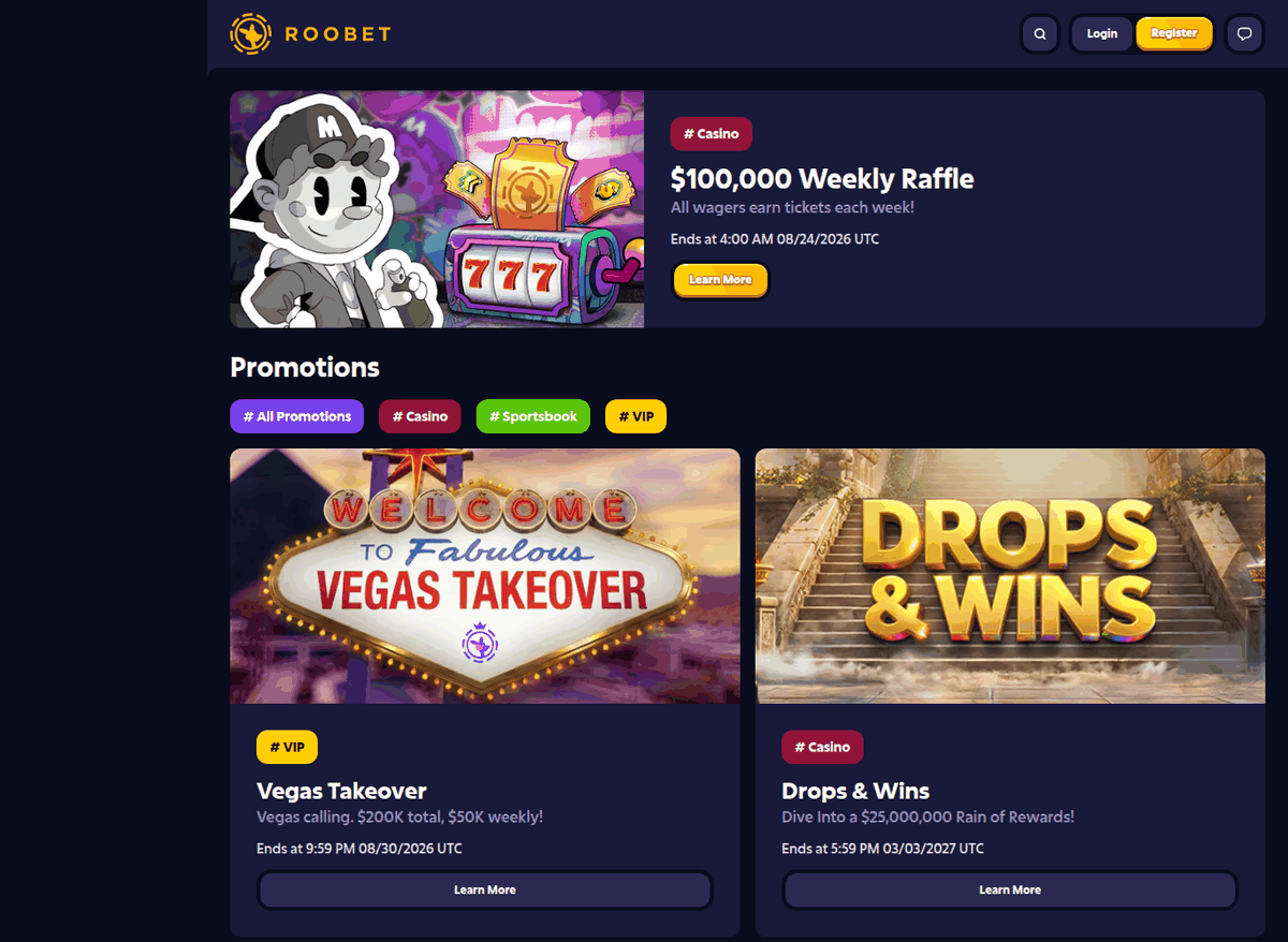 Roobet promotions page showing the $100,000 weekly raffle, Vegas Takeover and Drops & Wins, viewed from the UAE in 2026