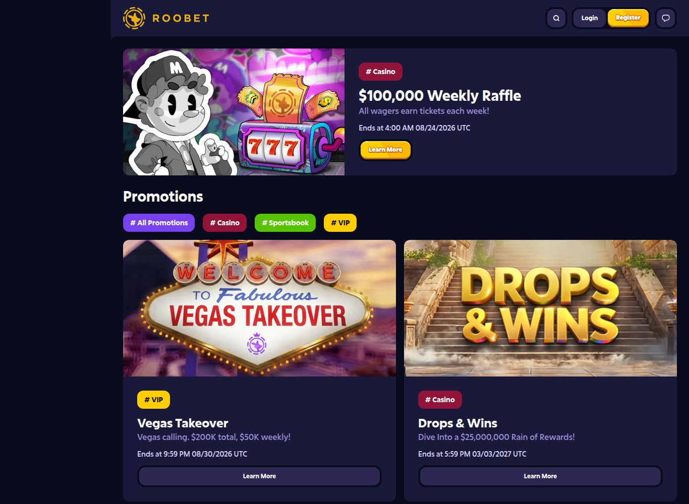 Roobet promotions page showing the $100,000 weekly raffle