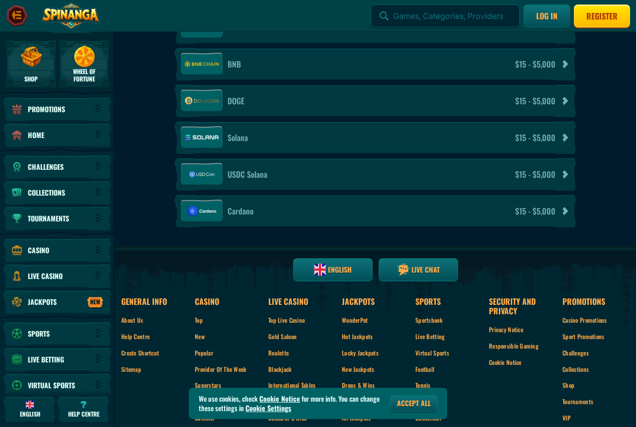 Spinanga payment page showing crypto deposit limits in US dollars for the United Arab Emirates