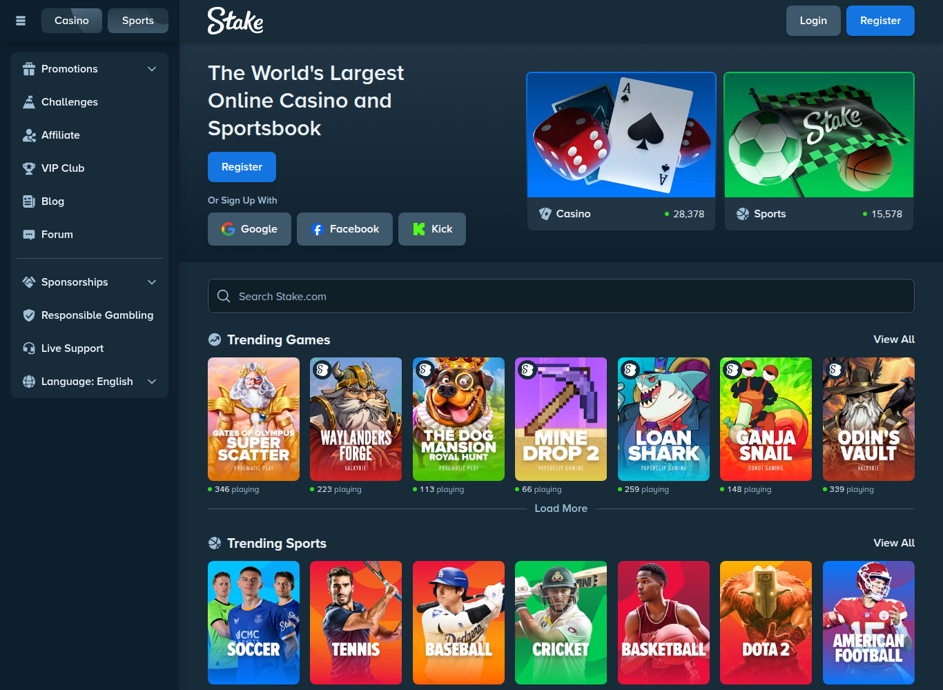 Stake casino homepage showing the casino and sports lobbies in English