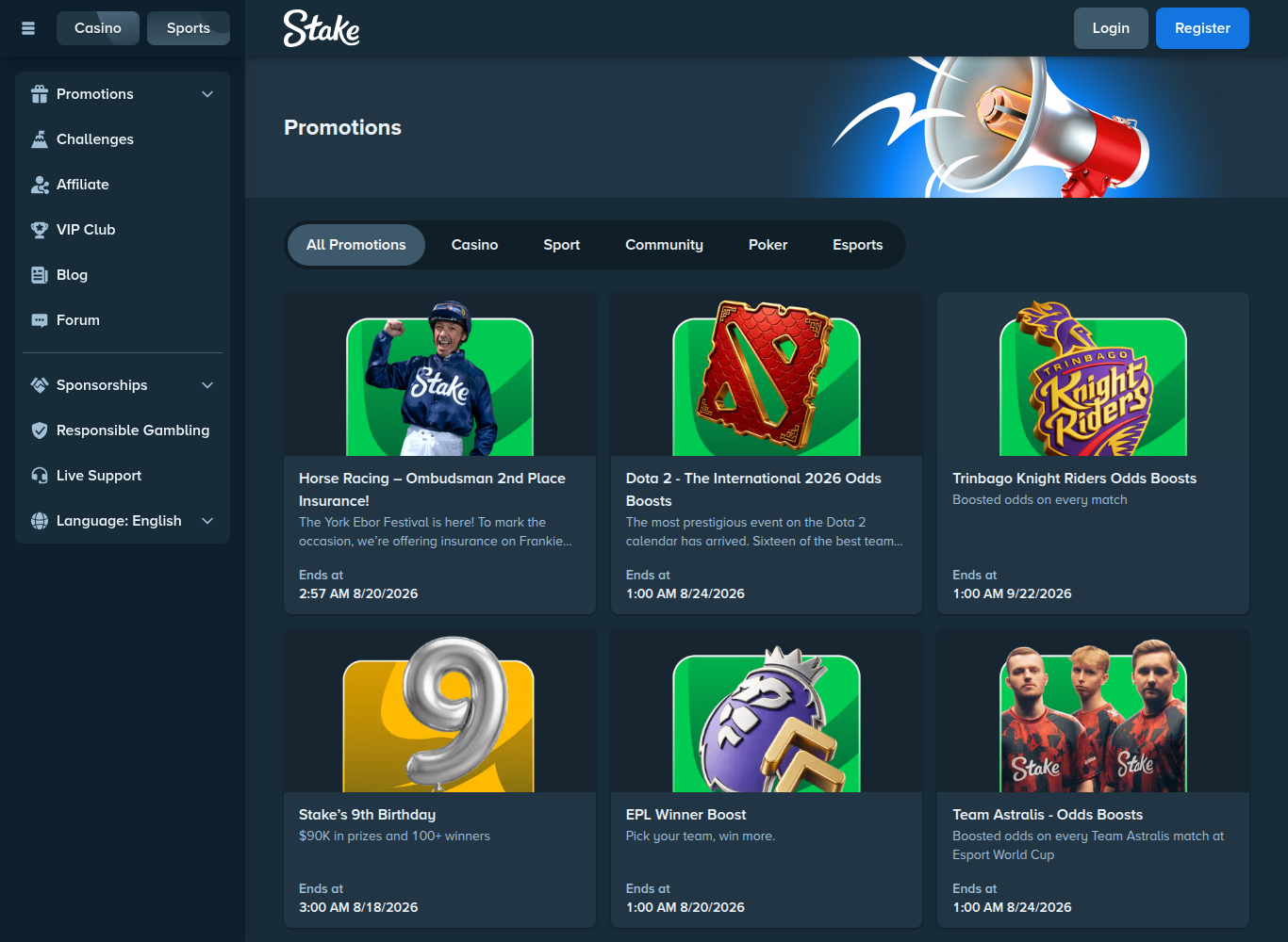 Stake promotions page listing sport odds boosts and casino offers in August 2026