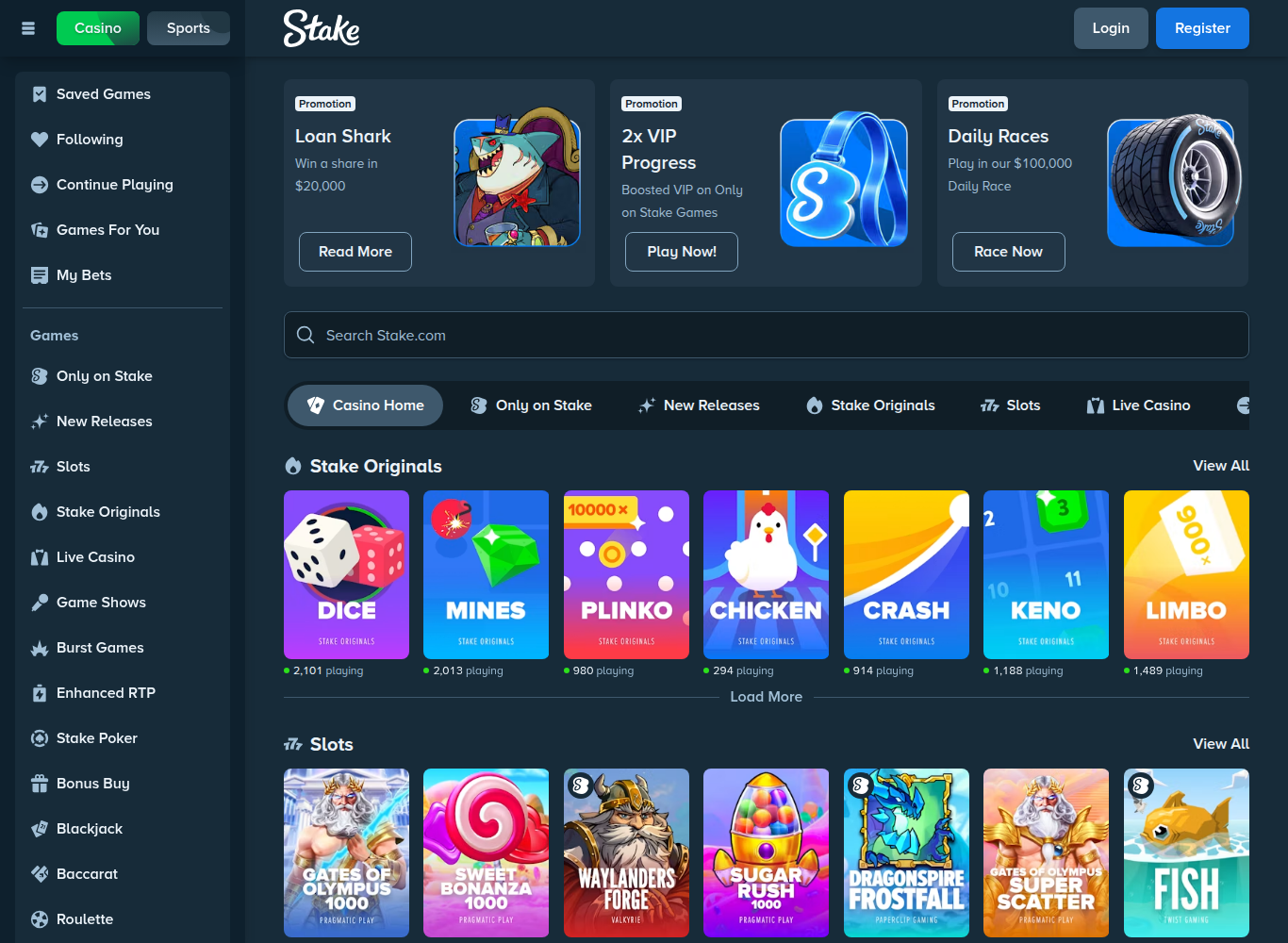 Stake casino lobby with Stake Originals games Dice Mines Plinko Crash Keno and Limbo