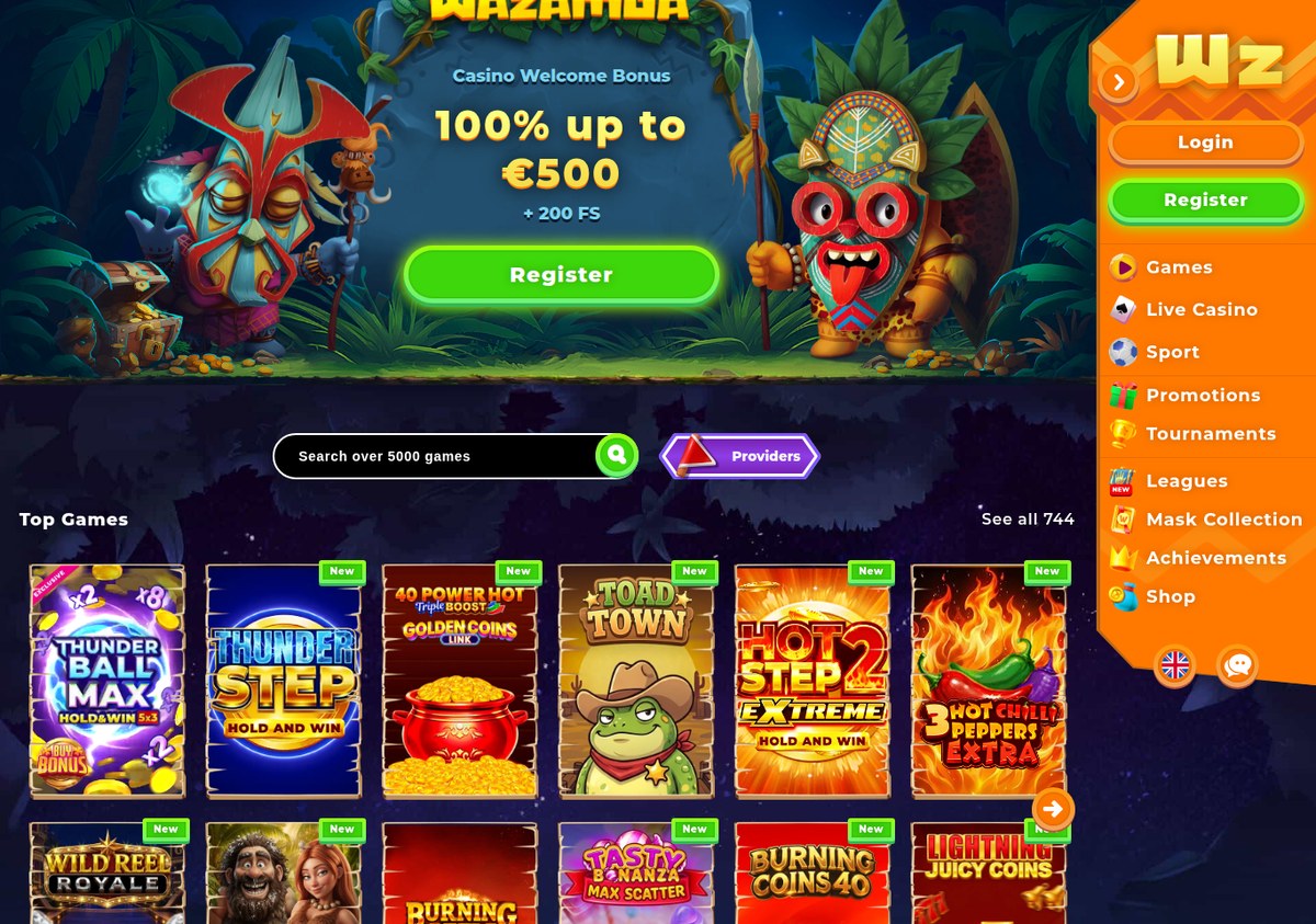 Wazamba Casino lobby with the Top Games shelf and welcome bonus, as seen from the UAE in August 2026