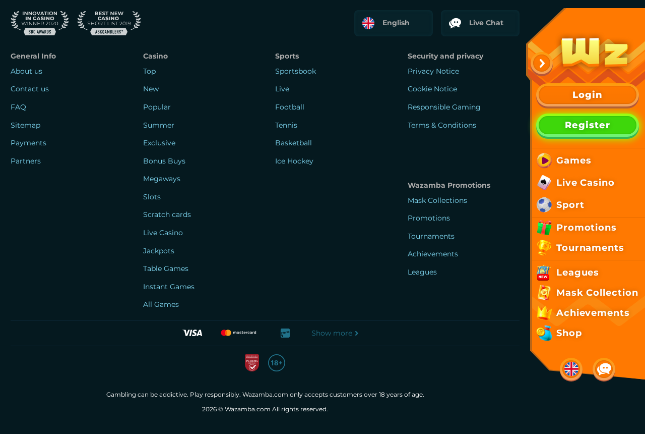 Wazamba footer displaying an ISO 27001 badge and 2019 and 2020 awards but no gambling licence