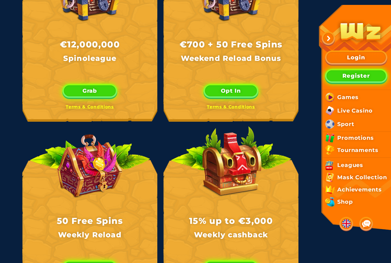 Wazamba promotions page showing the Spinoleague prize pool and weekly reload offers