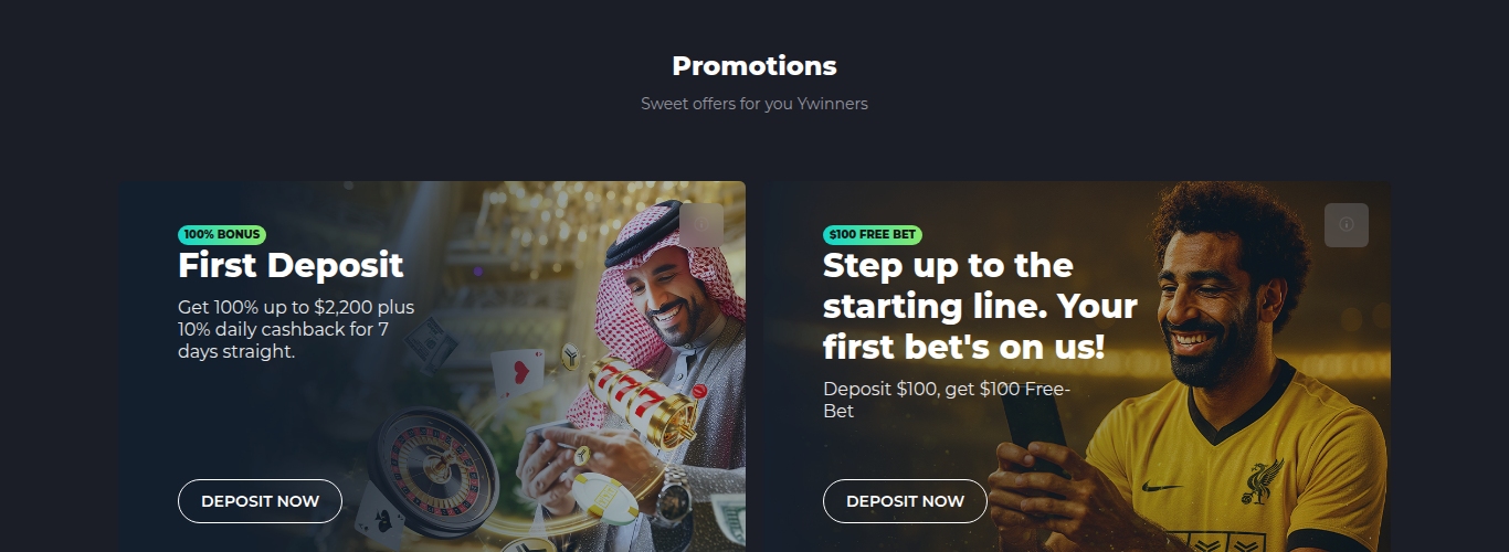 The YYY Casino promotions page showing the First Deposit offer of 100% up to $2,200 with 10% daily cashback for seven days, alongside the sportsbook offer of a $100 free bet on a $100 deposit