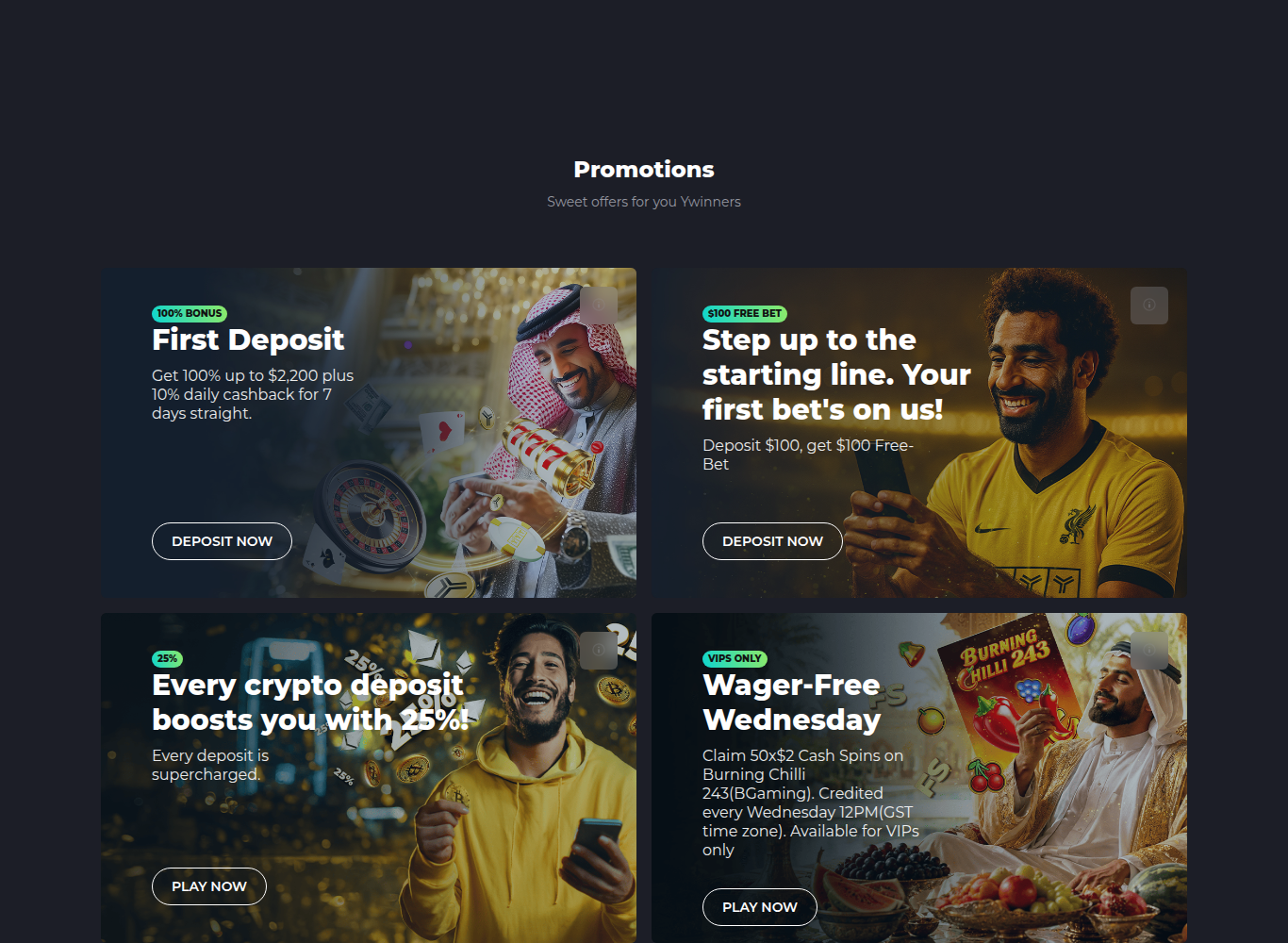 YYY Casino promotions page listing the first deposit, free bet and crypto offers