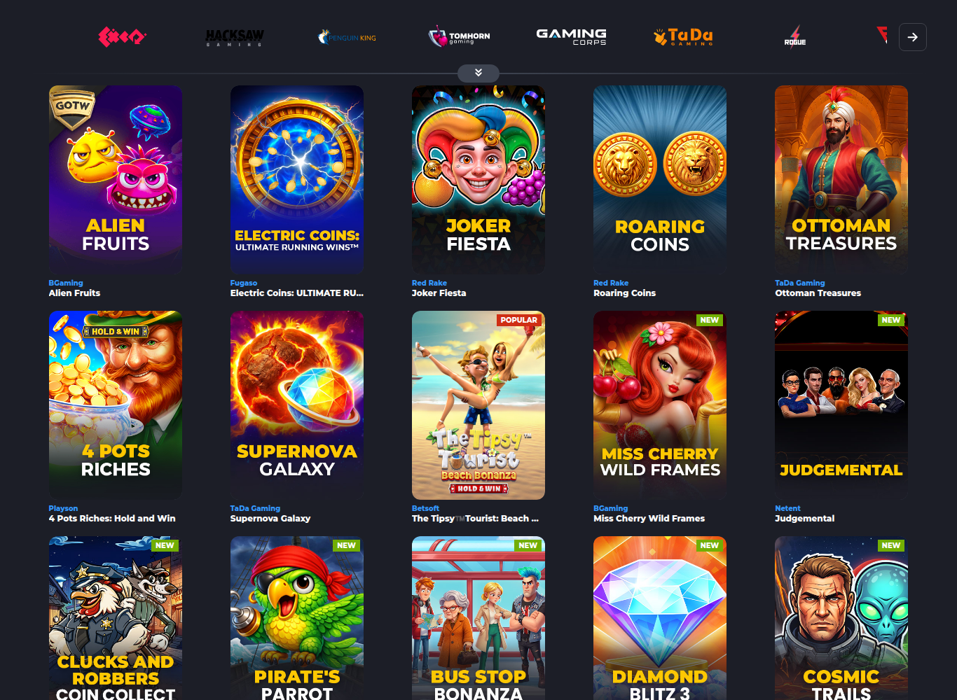 YYY Casino slot games lobby with titles from BGaming, Hacksaw and Nolimit City