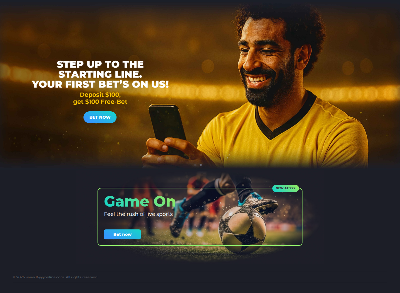 The YYY Casino sportsbook landing page advertising a $100 free bet on a $100 deposit